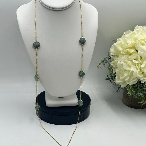 AV Argento Vivo Sterling Gold Vermeil Jadeite Station Opera Length Necklace - Picture 2 of 9